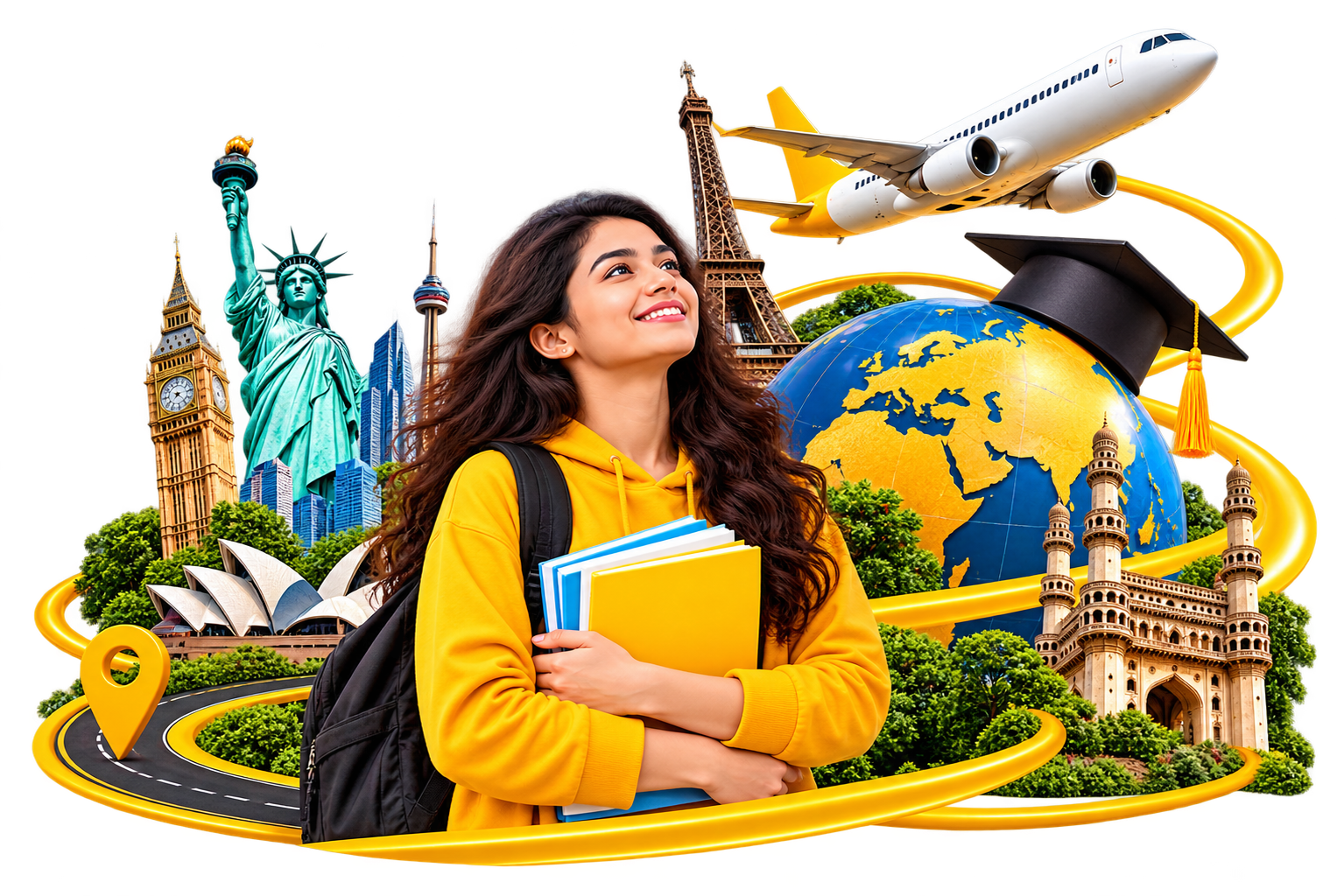 Global study abroad journey with student and international landmarks